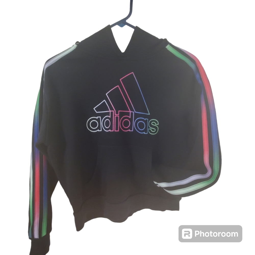 Multi color stripe Adidas hoodie with front pocket.